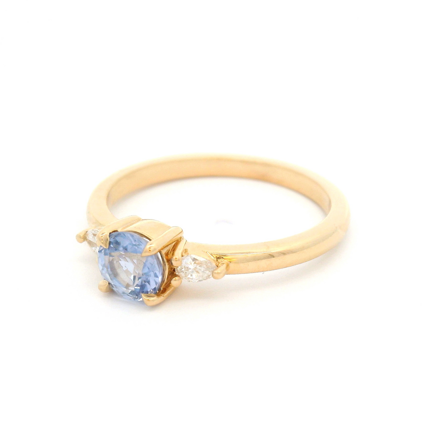 14k Yellow Three-Stone Ring with 0.63ct Pale Blue Sapphire Ring and Accent Lab-Grown Diamonds