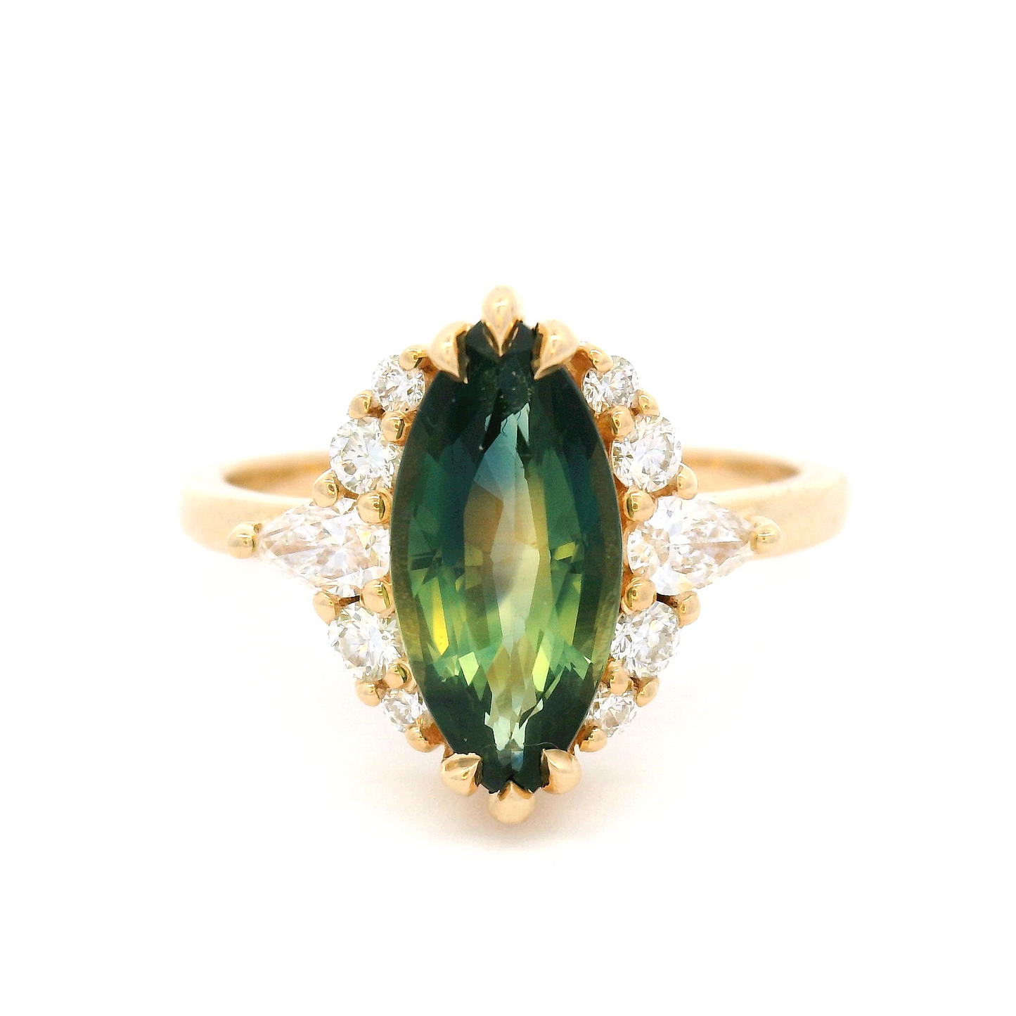 14k Yellow Ring with 2.3ct Green Parti Sapphire Ring with Accent Lab-Grown Diamonds