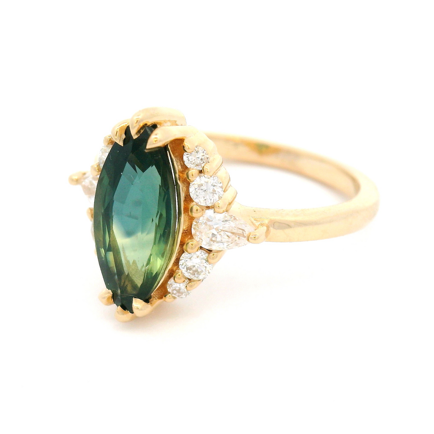 14k Yellow Ring with 2.3ct Green Parti Sapphire Ring with Accent Lab-Grown Diamonds