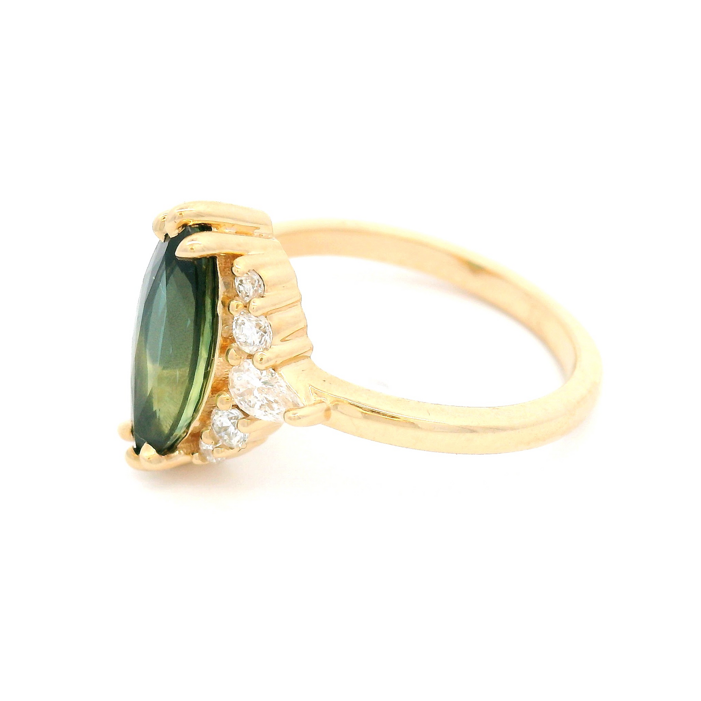 14k Yellow Ring with 2.3ct Green Parti Sapphire Ring with Accent Lab-Grown Diamonds