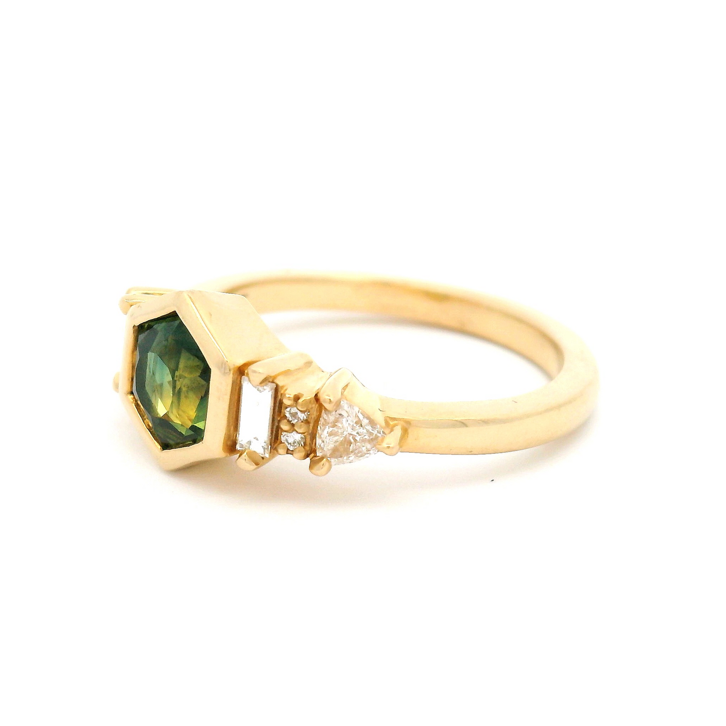 14k Yellow Engagement Ring with 0.88ct Green Sapphire Hexagon and Lab-Grown Accent Diamonds