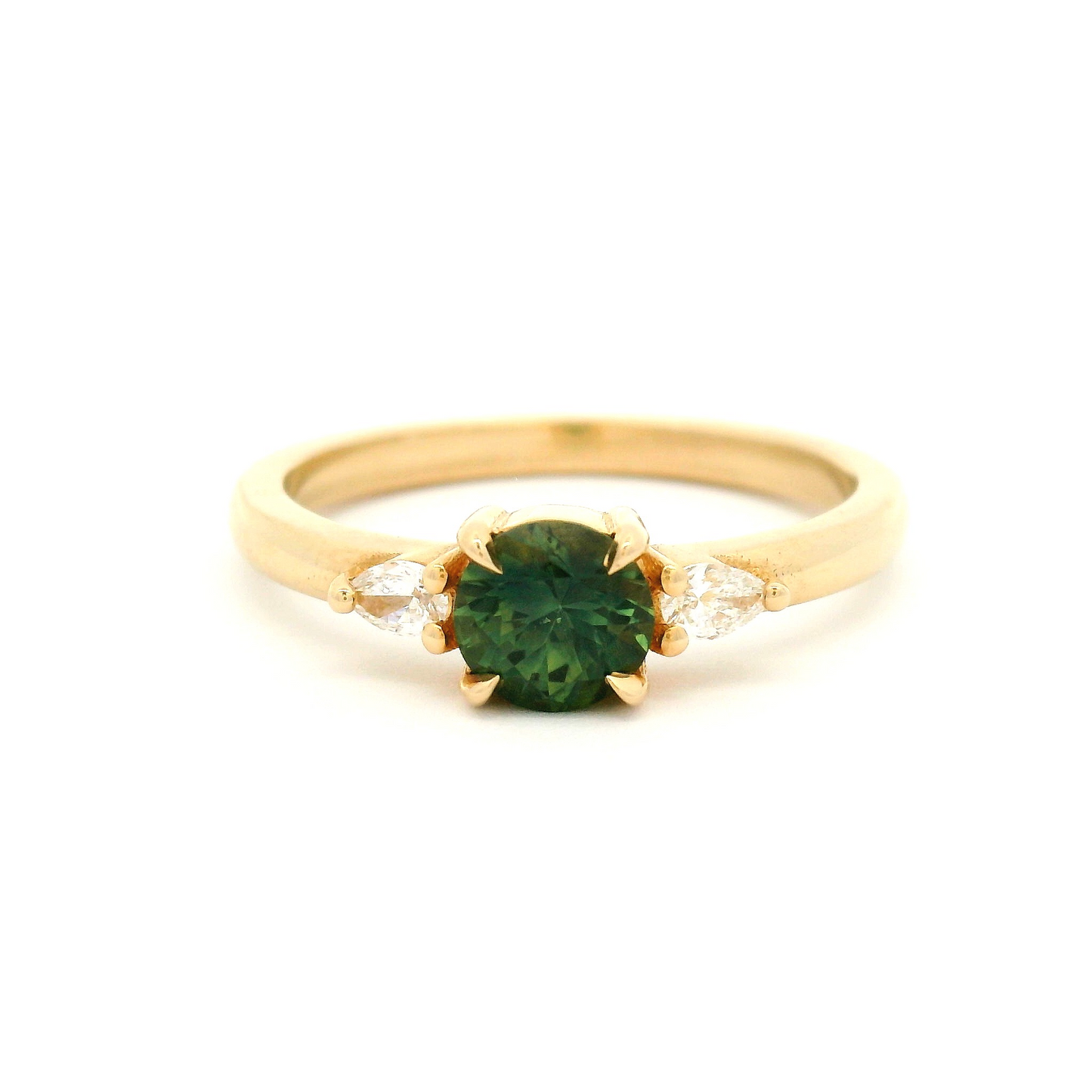 14k Yellow Teal-Green Sapphire Ring with Pear Lab-Grown Accent Diamonds