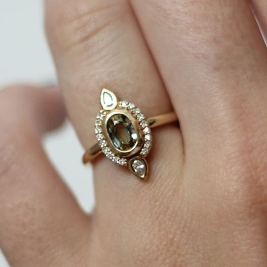 14k Yellow Engagement Ring with Oval Parti Sapphire and Accent Diamonds