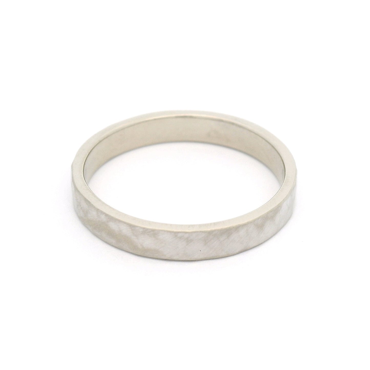 14k White 3mm Wide Flat Hammered Wedding Band