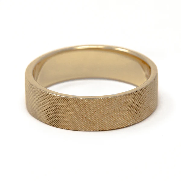 14k Yellow gold band with matte Florentine finish. Canadian. Shown from an elevated angle.