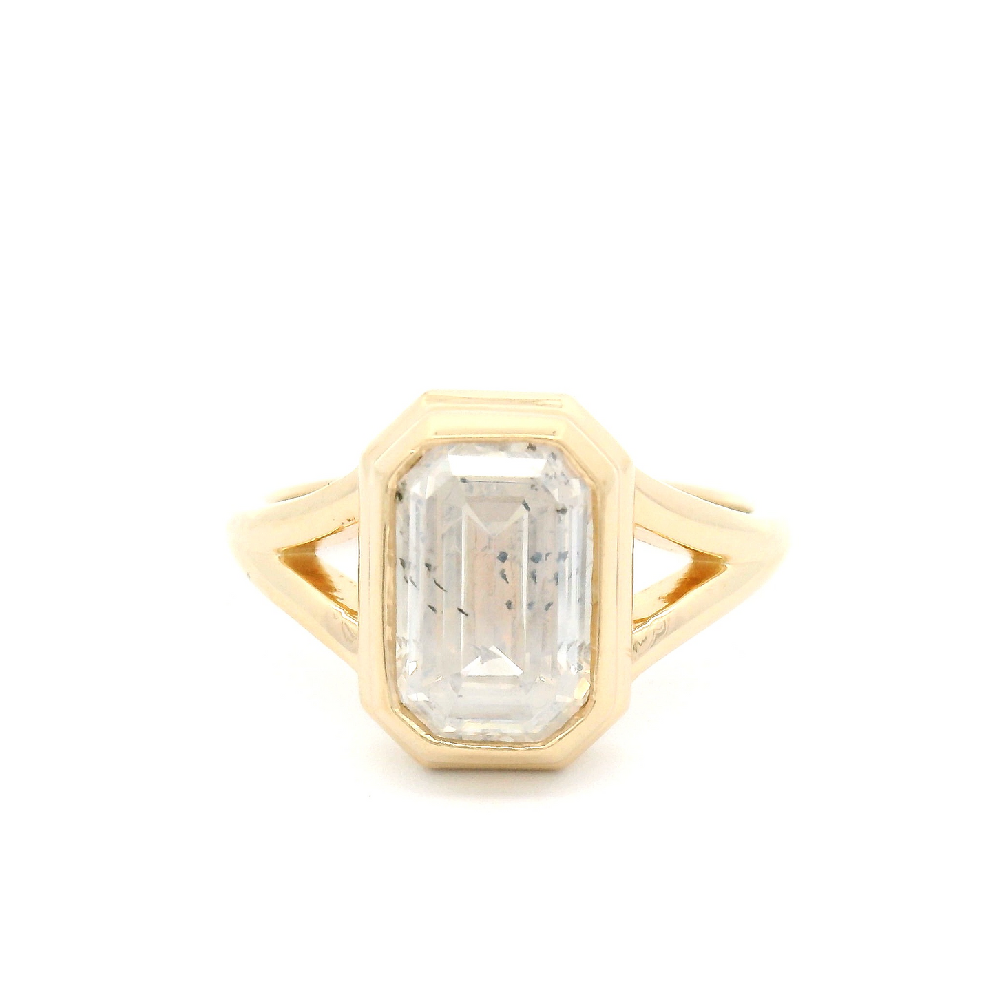 14k Yellow Split-Shank Bezel-Set Solitaire with 2.16ct Emerald-Cut Diamond