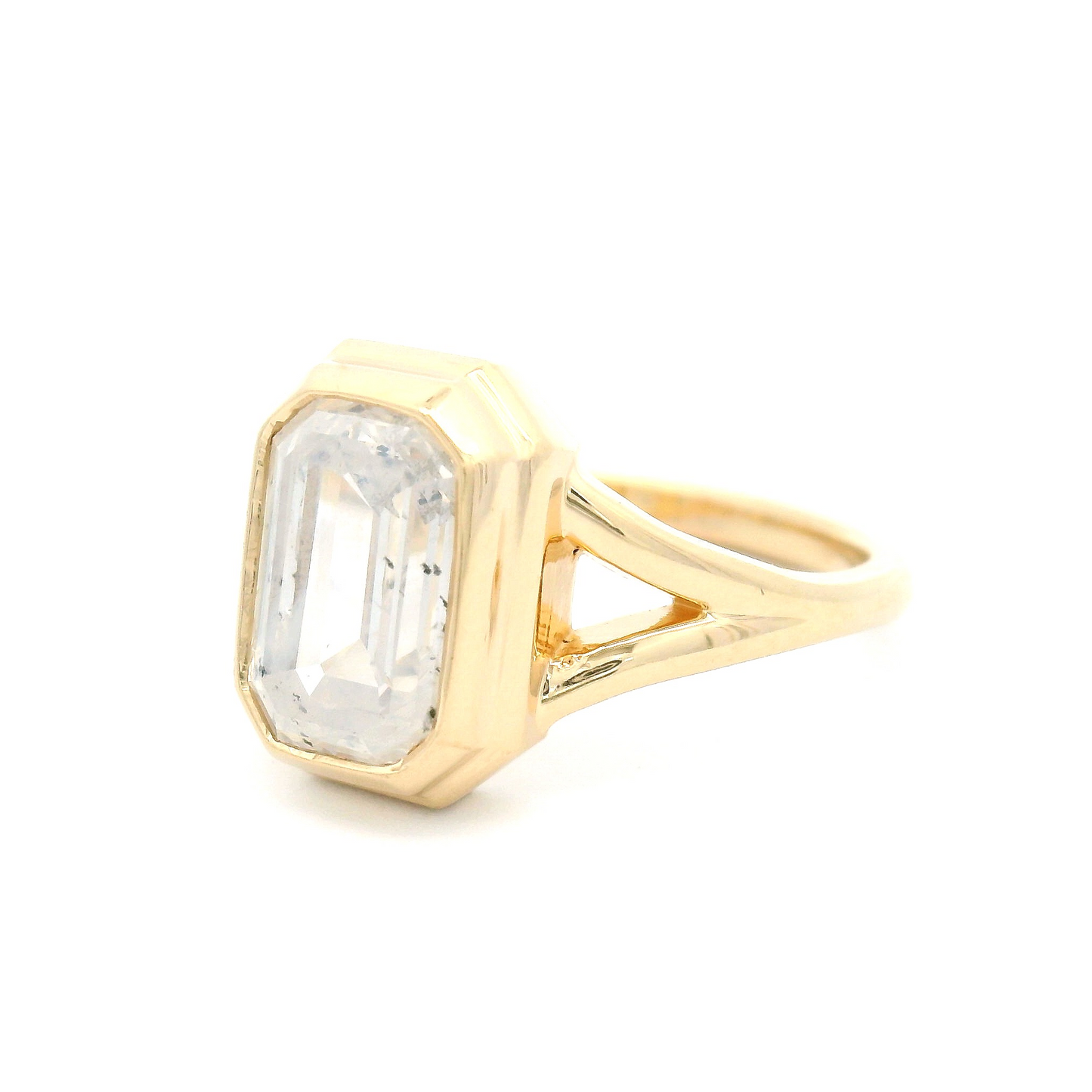 14k Yellow Split-Shank Bezel-Set Solitaire with 2.16ct Emerald-Cut Diamond