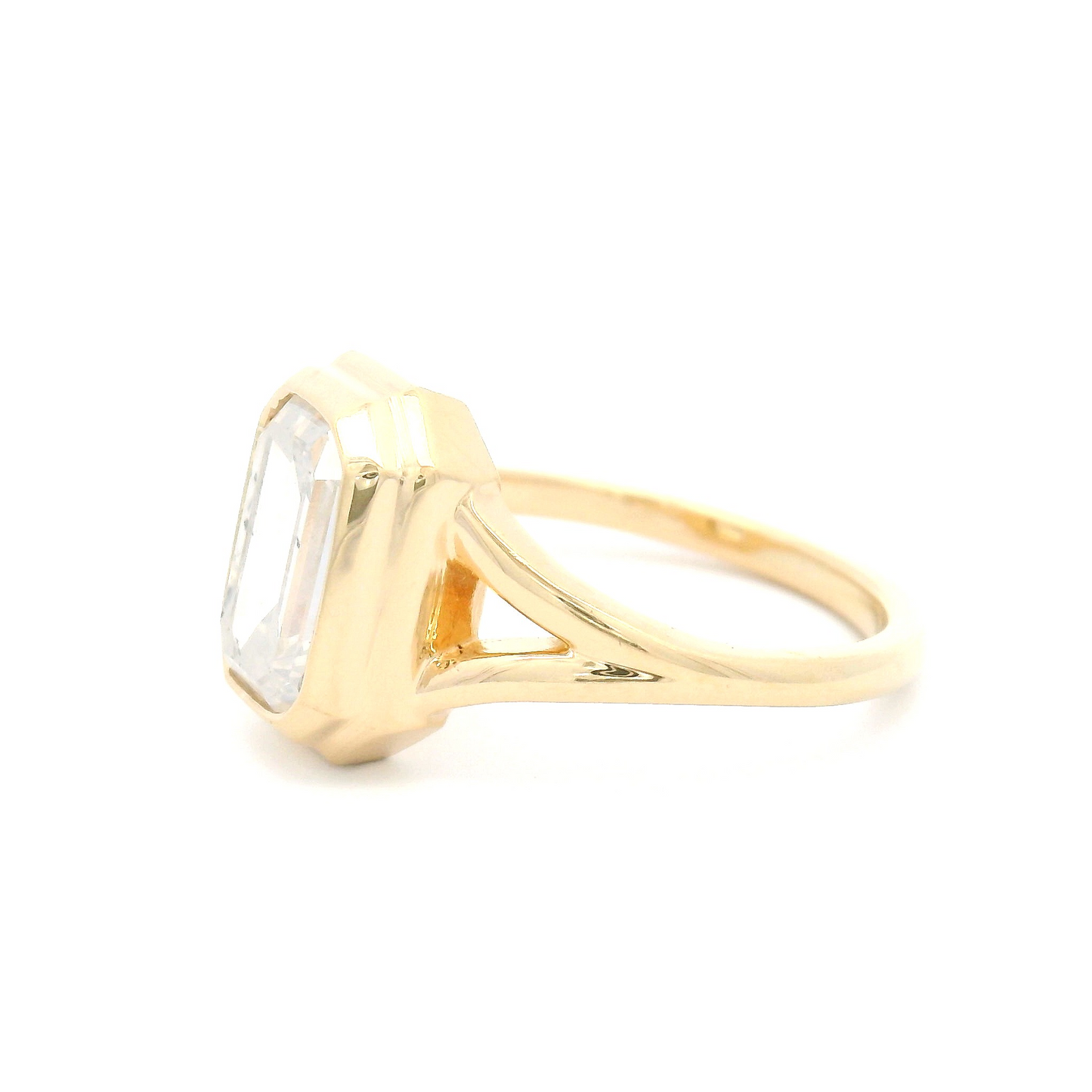 14k Yellow Split-Shank Bezel-Set Solitaire with 2.16ct Emerald-Cut Diamond