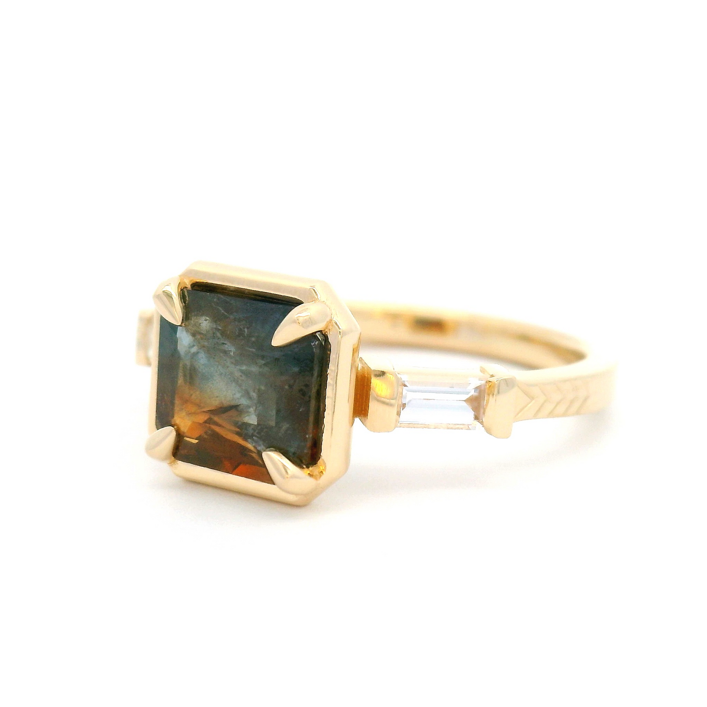 14k Yellow Three-Stone Ring with 2.13ct Parti Sapphire and Sapphire Baguettes