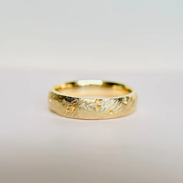 Hand Carved Band, 6mm wide, half round crafted in 14K Yellow.