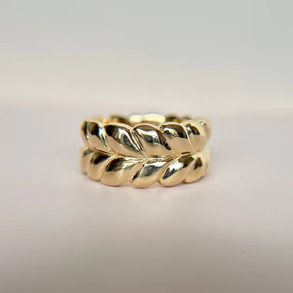 14k Yellow Gold Band Hand Carved with Braided Design.
