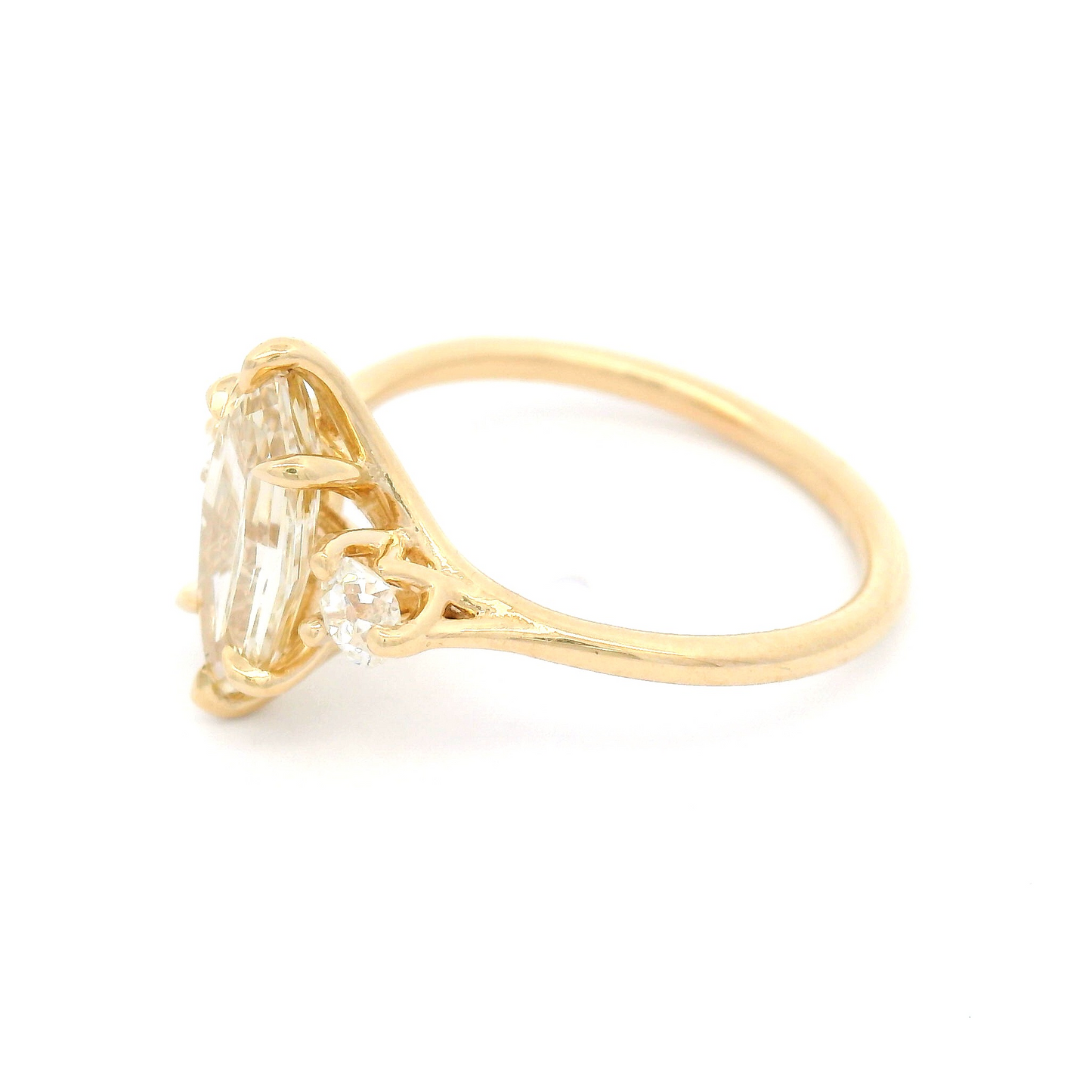 14k Yellow 3-Stone Ring with 1.5ct Natural Light-Brown Diamond and Two Old Mine Cut Diamond