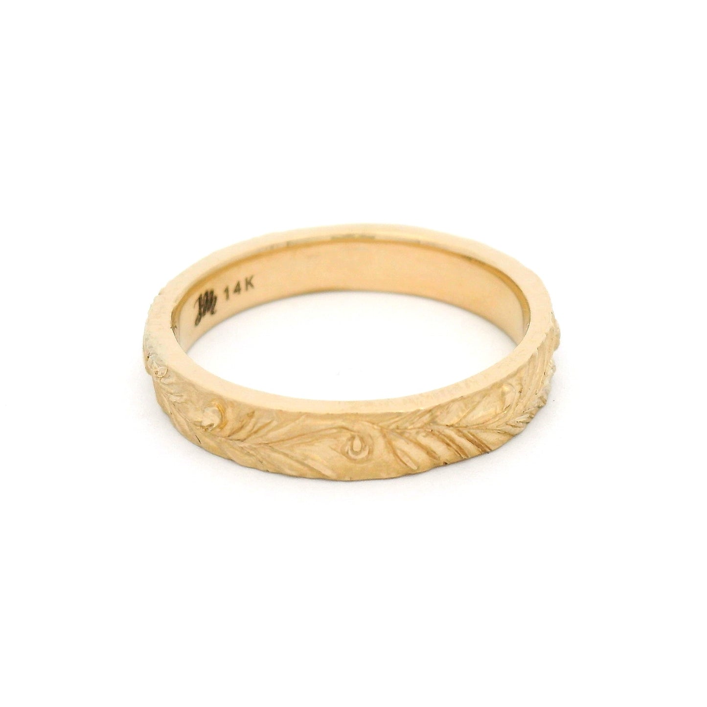 14K Yellow Gold 3.5mm Wide Hand Carved Olive Branch Band