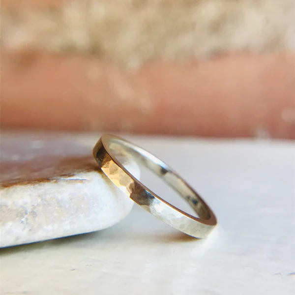 14k flat hammered wedding band. Crafted by woman designer. Local made. Canadian