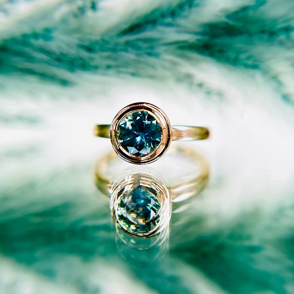 14k Yellow gold round teal sapphire Canadian engagement ring