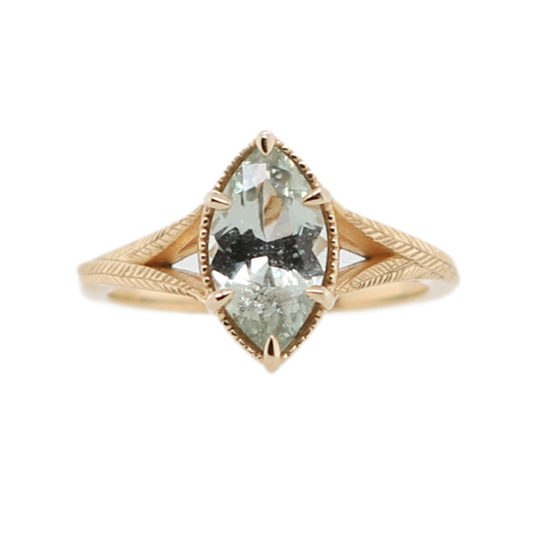 14k Yellow Split-Shank Engraved Solitaire with 1.71ct Natural Mint Marquise Sapphire