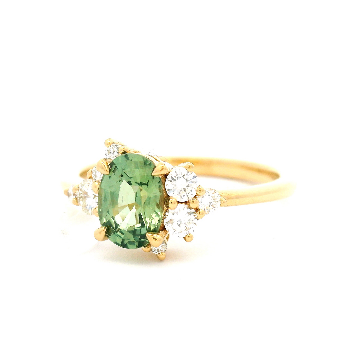 18k Yellow Engagement Ring with 0.99ct Oval Green Sapphire with Accent Diamonds