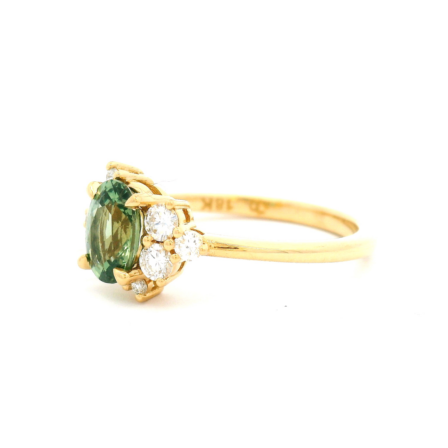 18k Yellow Engagement Ring with 0.99ct Oval Green Sapphire with Accent Diamonds