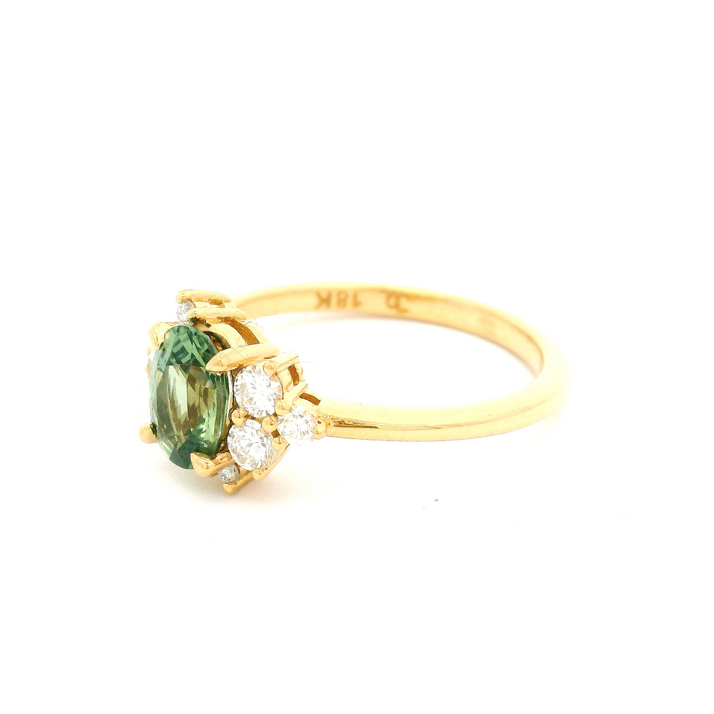 18k Yellow Engagement Ring with 0.99ct Oval Green Sapphire with Accent Diamonds