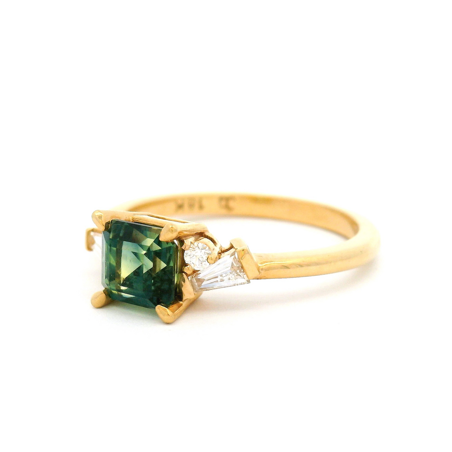 18k Yellow Engagement Ring with 1.30ct Teal Square Emerald-Cut Sapphire and Accent Baguette and Round Diamonds