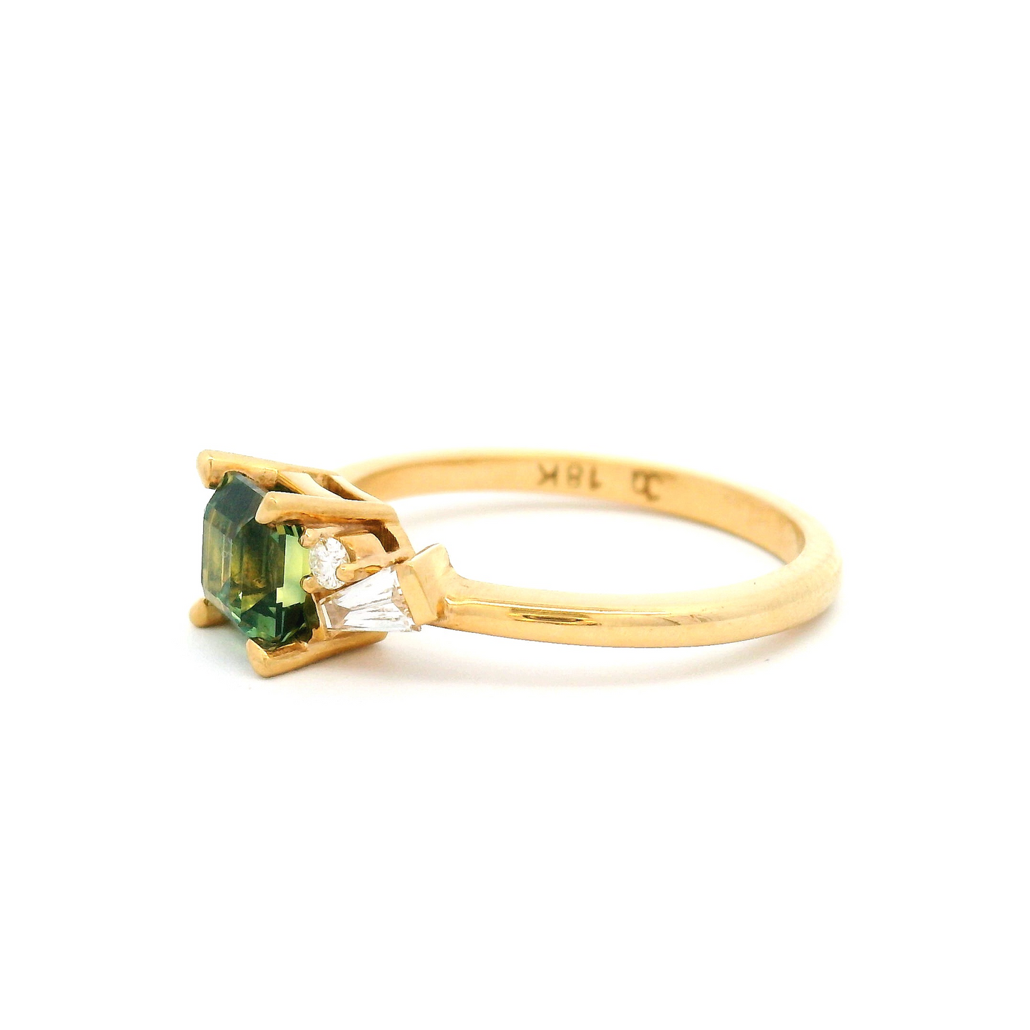 18k Yellow Engagement Ring with 1.30ct Teal Square Emerald-Cut Sapphire and Accent Baguette and Round Diamonds