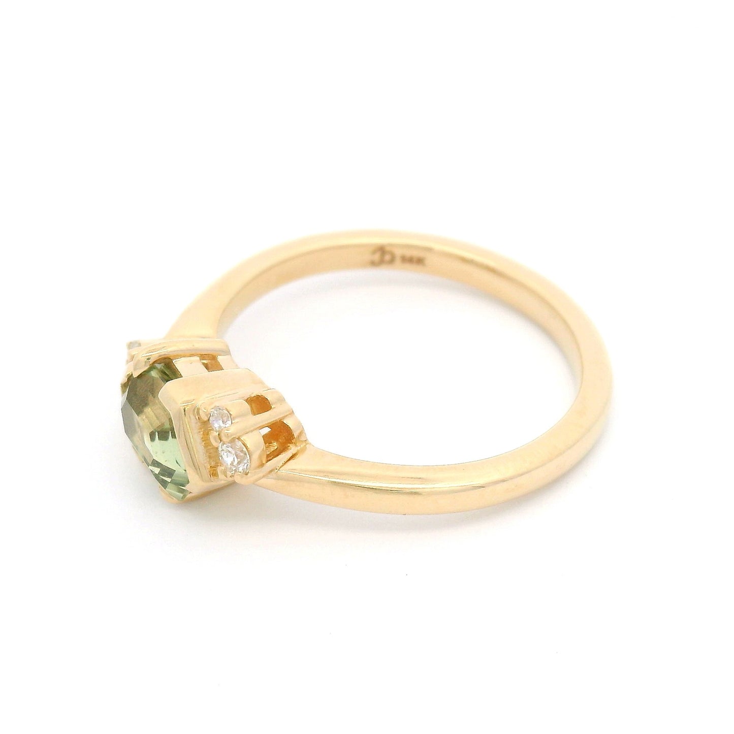 14k Yellow Engagement Ring with 1.17ct Hexagonal Green Sapphire & Accent Diamonds