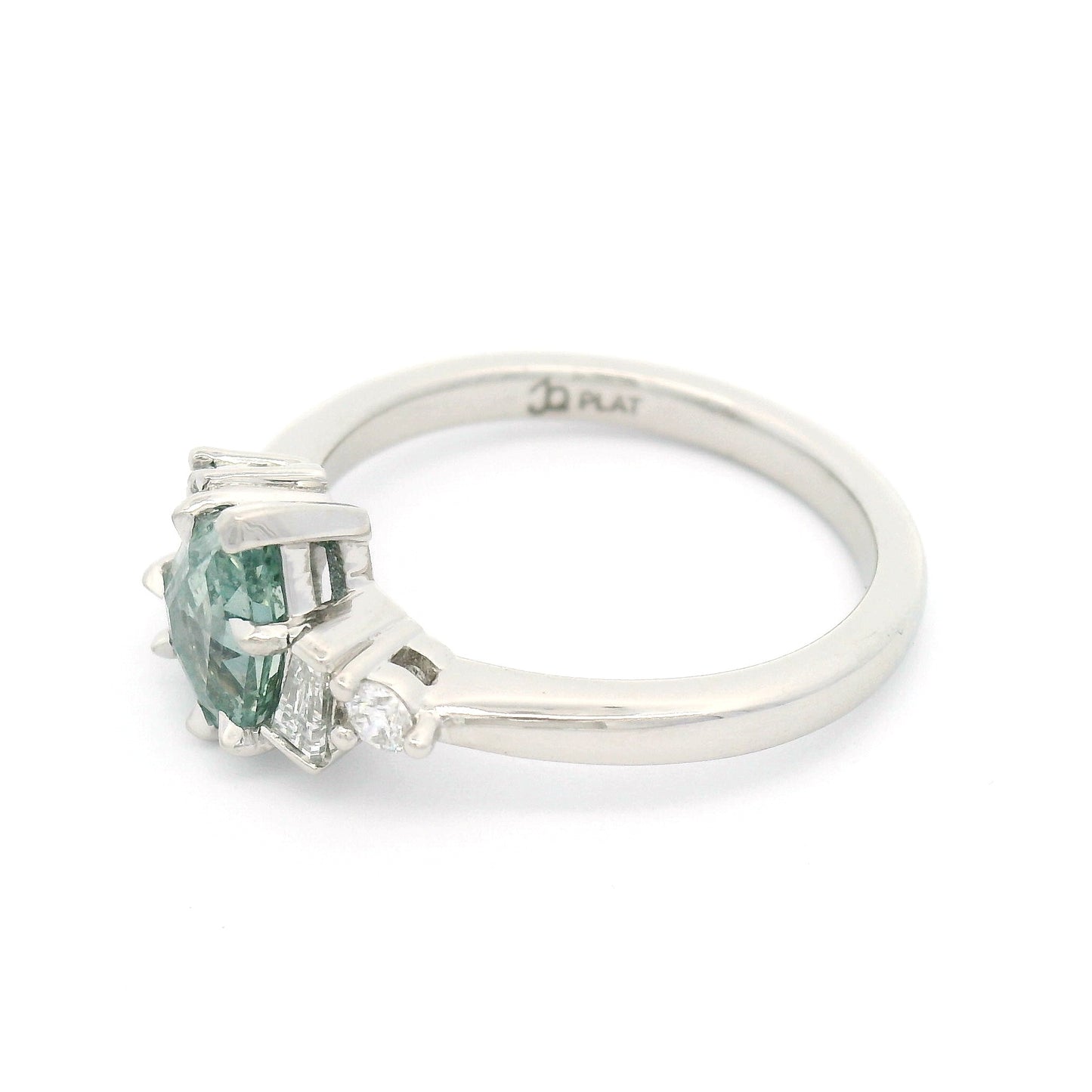 Platinum Engagement Ring with 1.27ct Light-Teal Sapphire & Accent Diamonds
