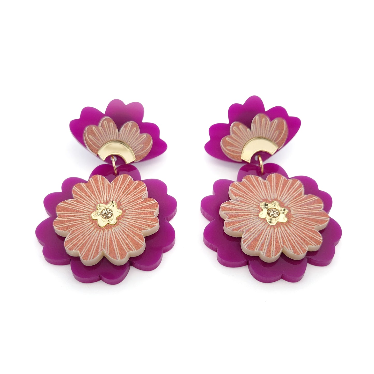 Purple Acrylic Flower Statement Earrings