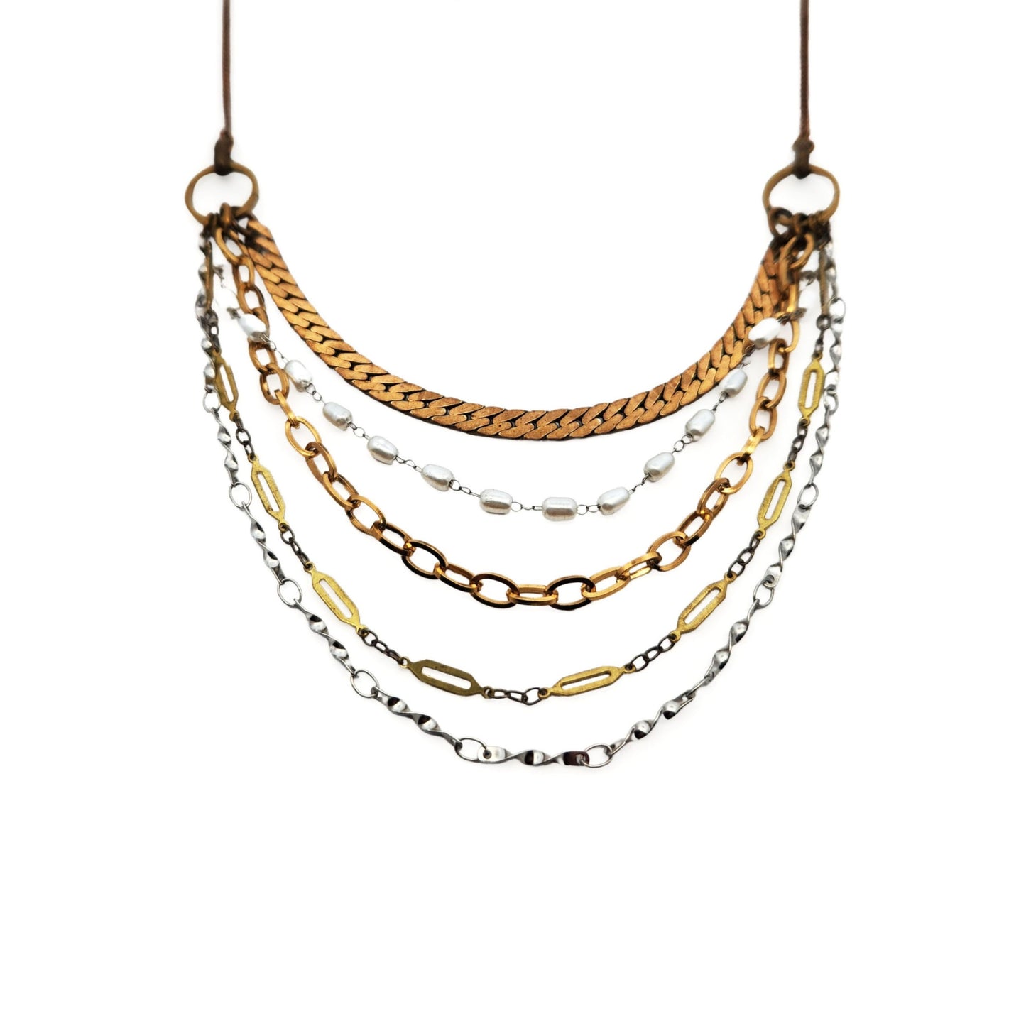 Multilayered Brass & Pearl Necklace