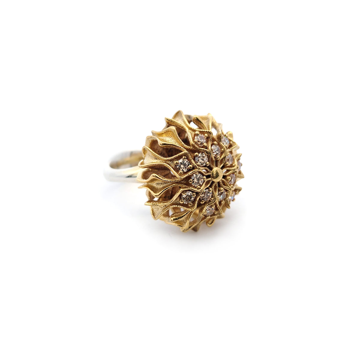 Brass Floral Sculptural Ring with Cubic Zirconia