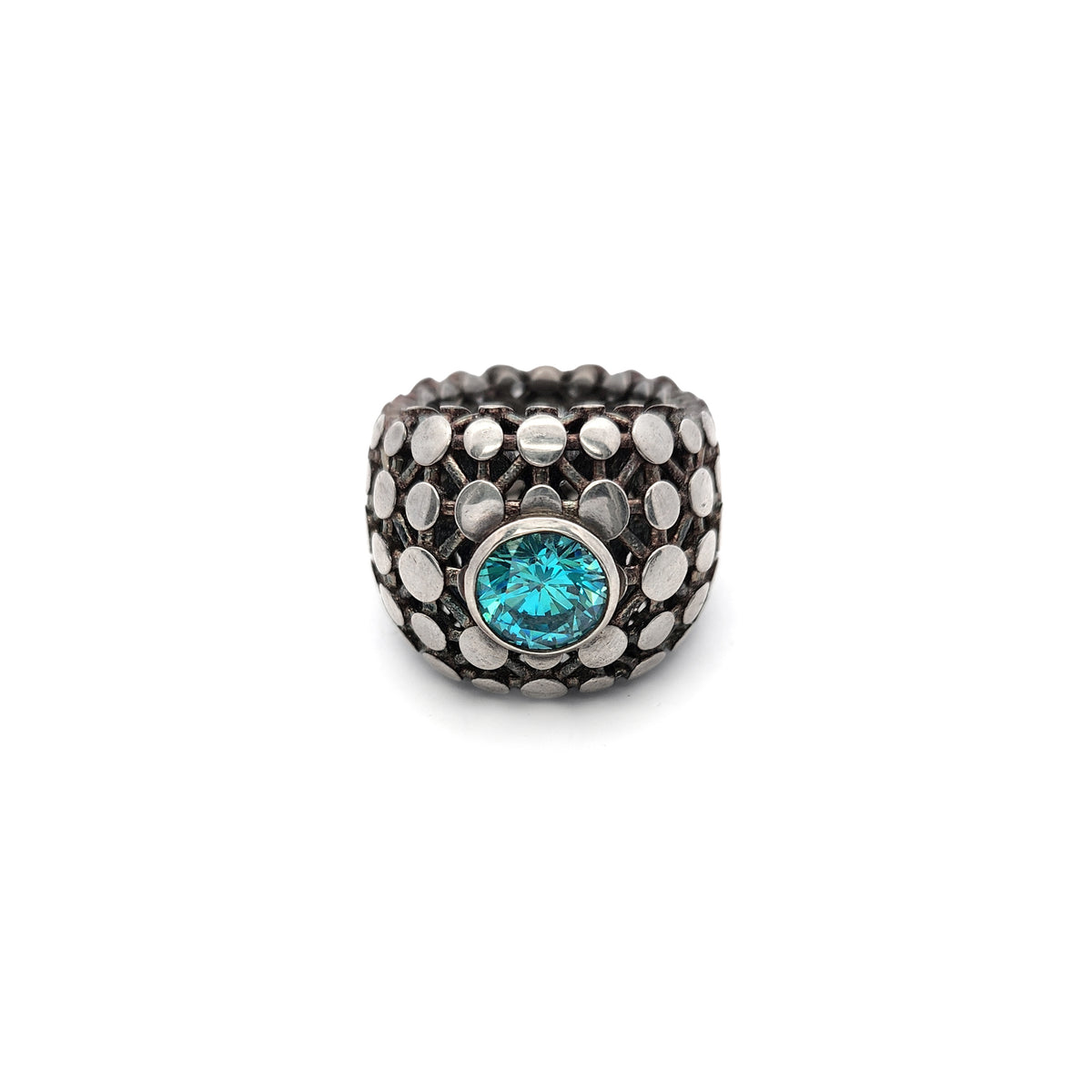 Sterling Silver Geometric Circle Ring with Blue Cubic Zirconia