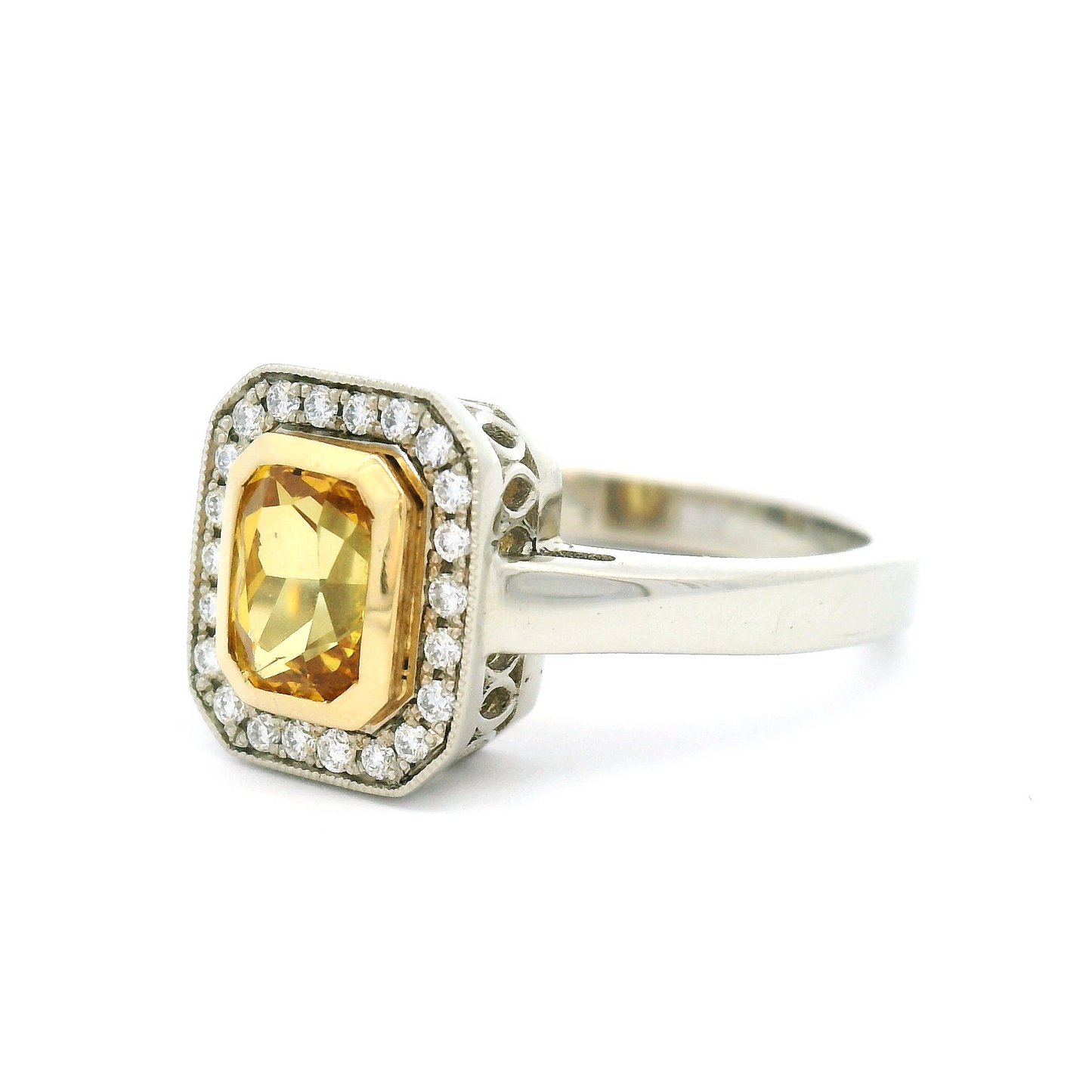 18k White and Yellow Halo Ring with 1.13ct Radiant-Cut Yellow Sapphire and Accent Diamonds