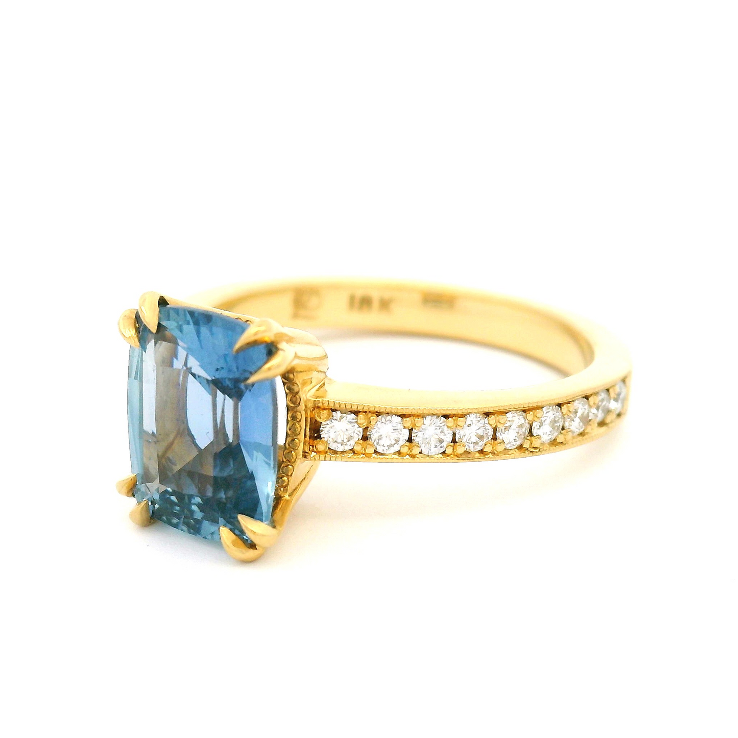 18k Yellow Engagement Ring with 2.56ct Cushion-Cut Blue Sapphire and Accent Diamonds