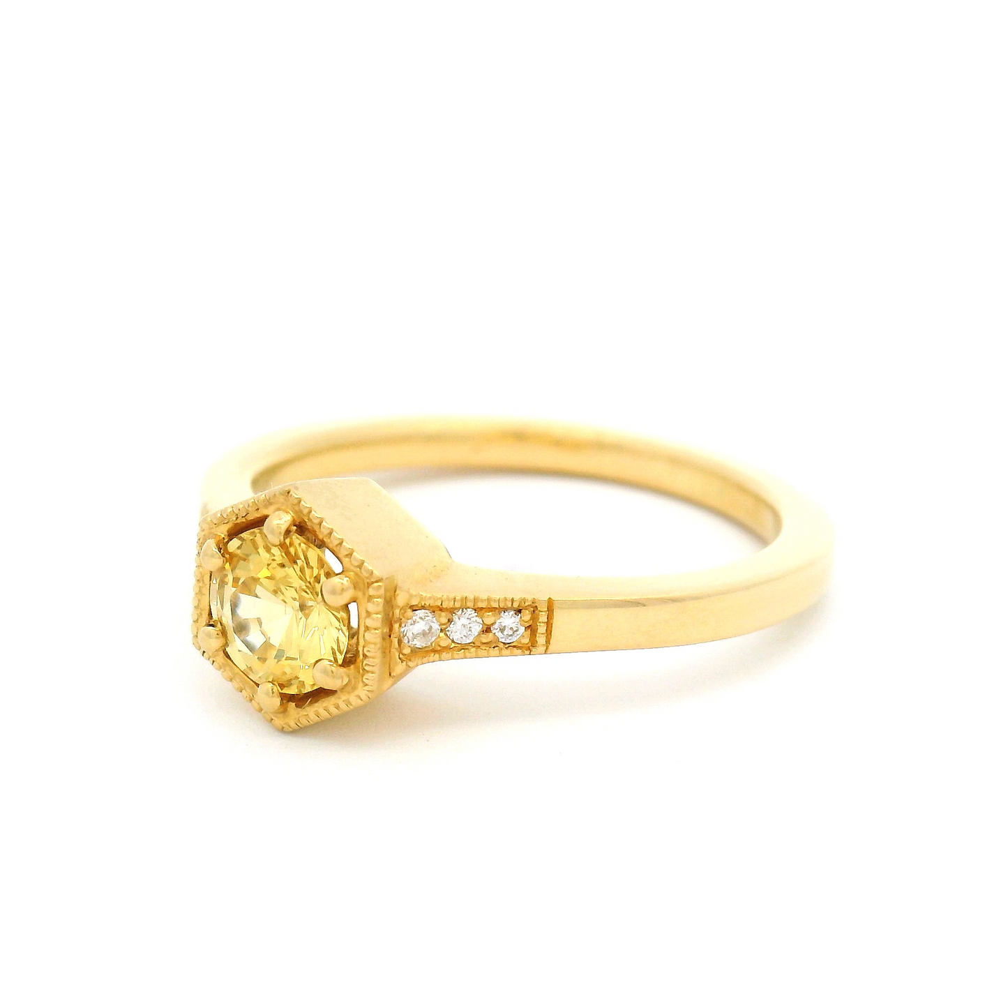18k Yellow Hexagon Ring with 0.64ct Round Yellow Sapphire and Accent Diamonds