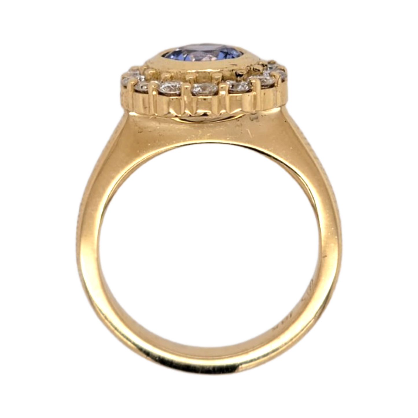 18k Yellow Bezel Set Halo Ring with 0.98ct Round Blue Sapphire and Accent Diamonds