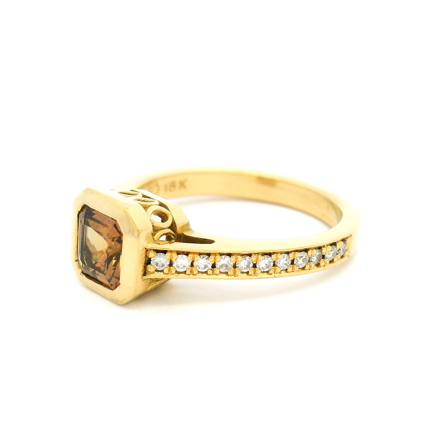 18k Yellow Bezel Set Ring with 0.86ct Orange Sapphire and Accent Diamonds