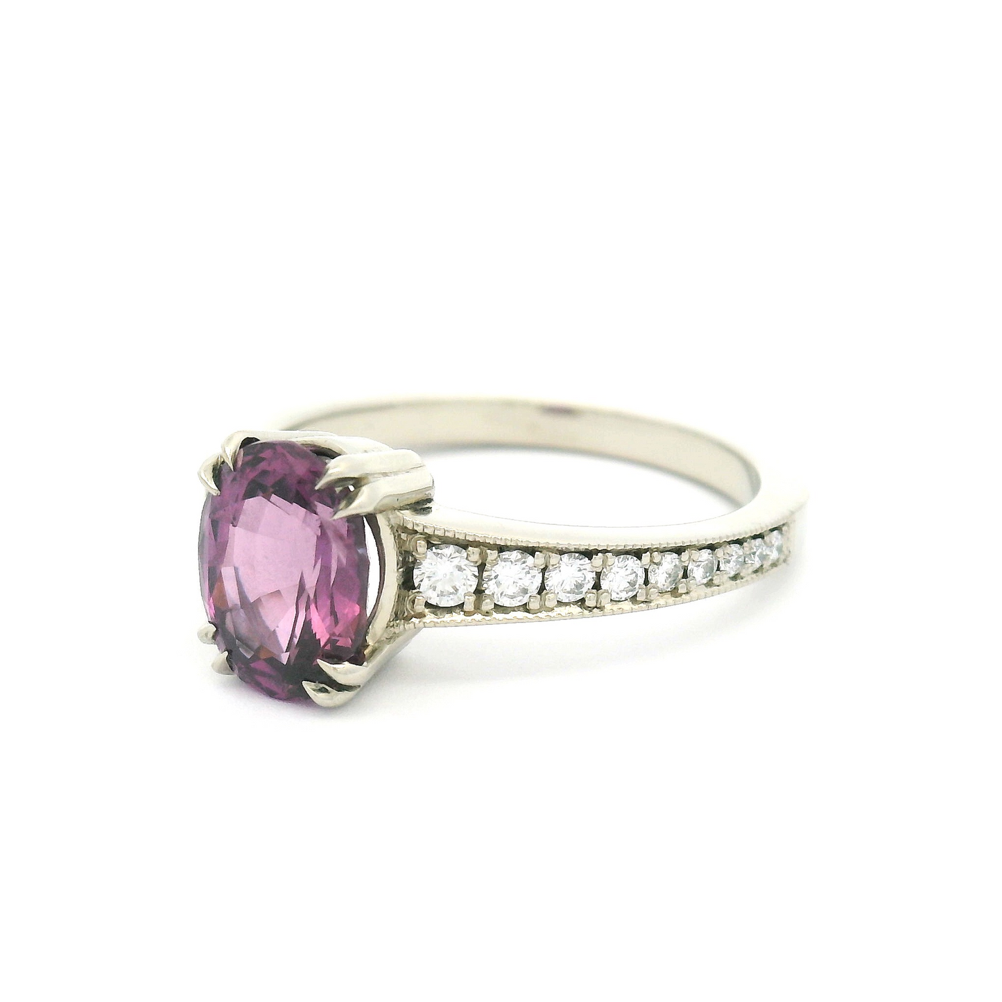 18k White Ring with 1.90ct Oval Pink Sapphire and Accent Diamonds