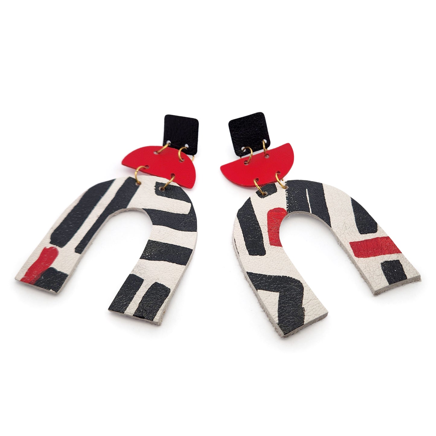 Black, White & Red Large Horseshoe Leather Earrings