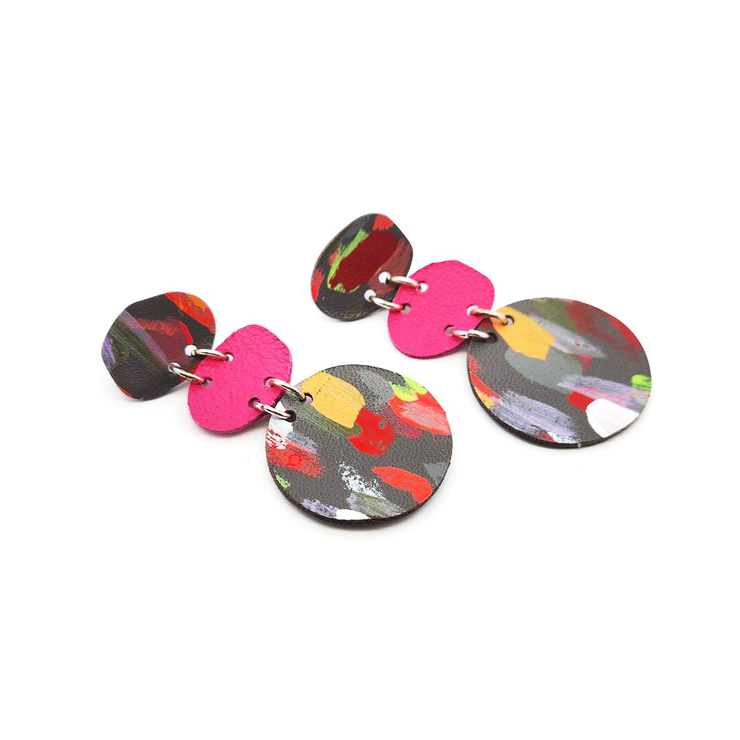 3 Circle-Linked Leather Earrings