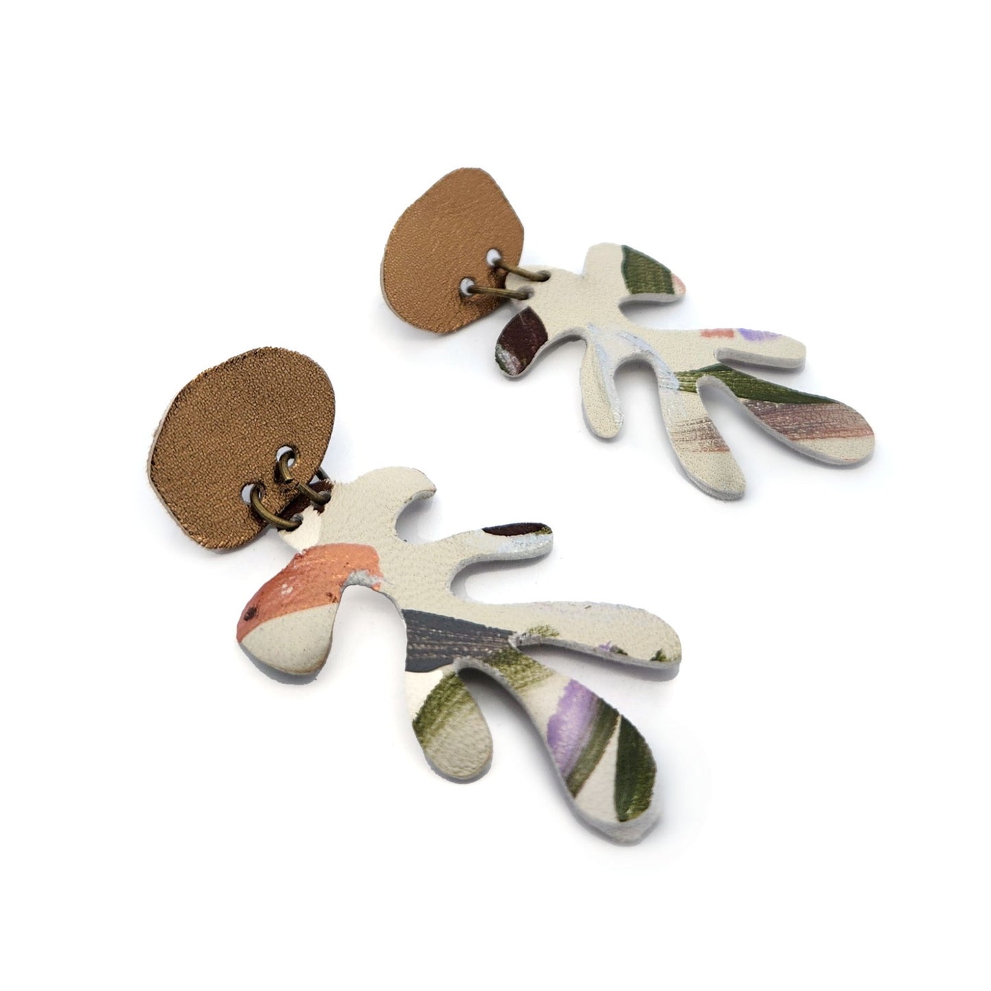 Gold & White Leather Leafy Earrings