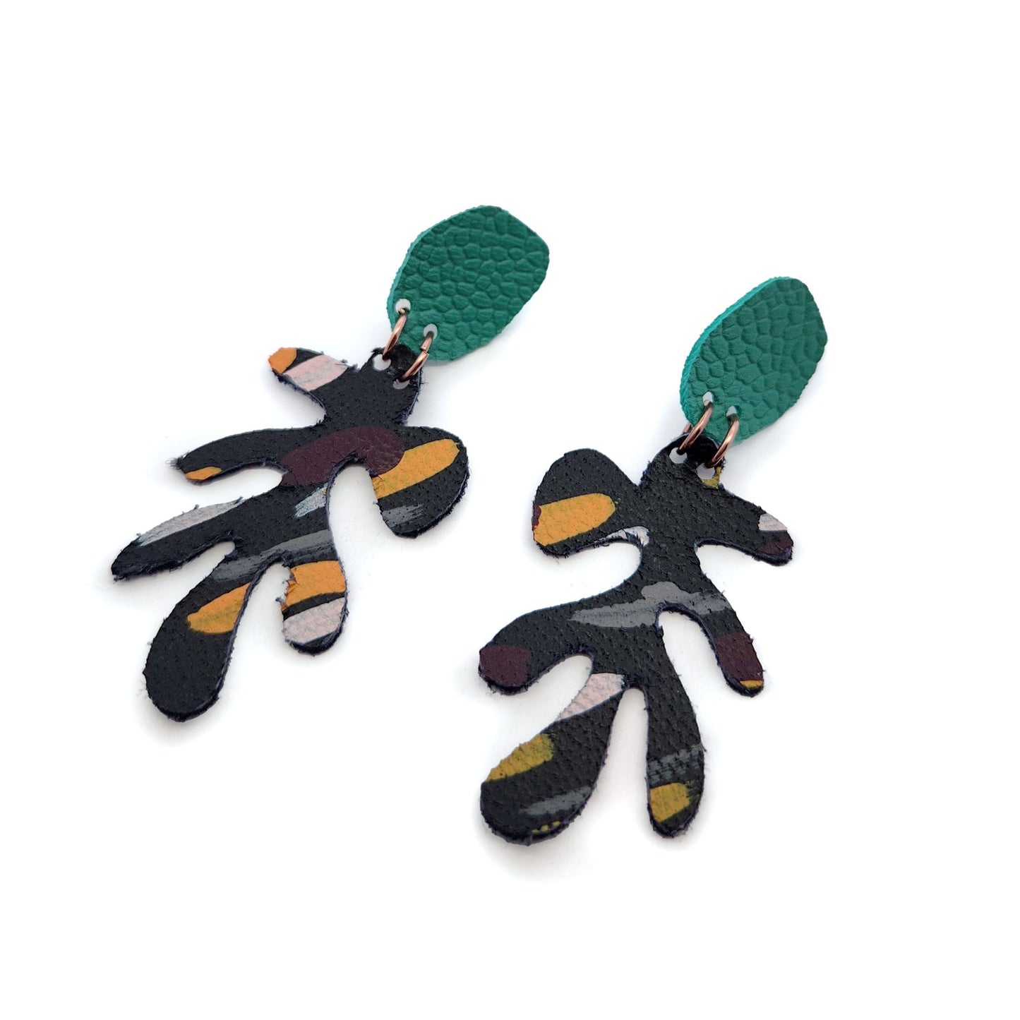 Black & Teal Leather Leafy Earrings