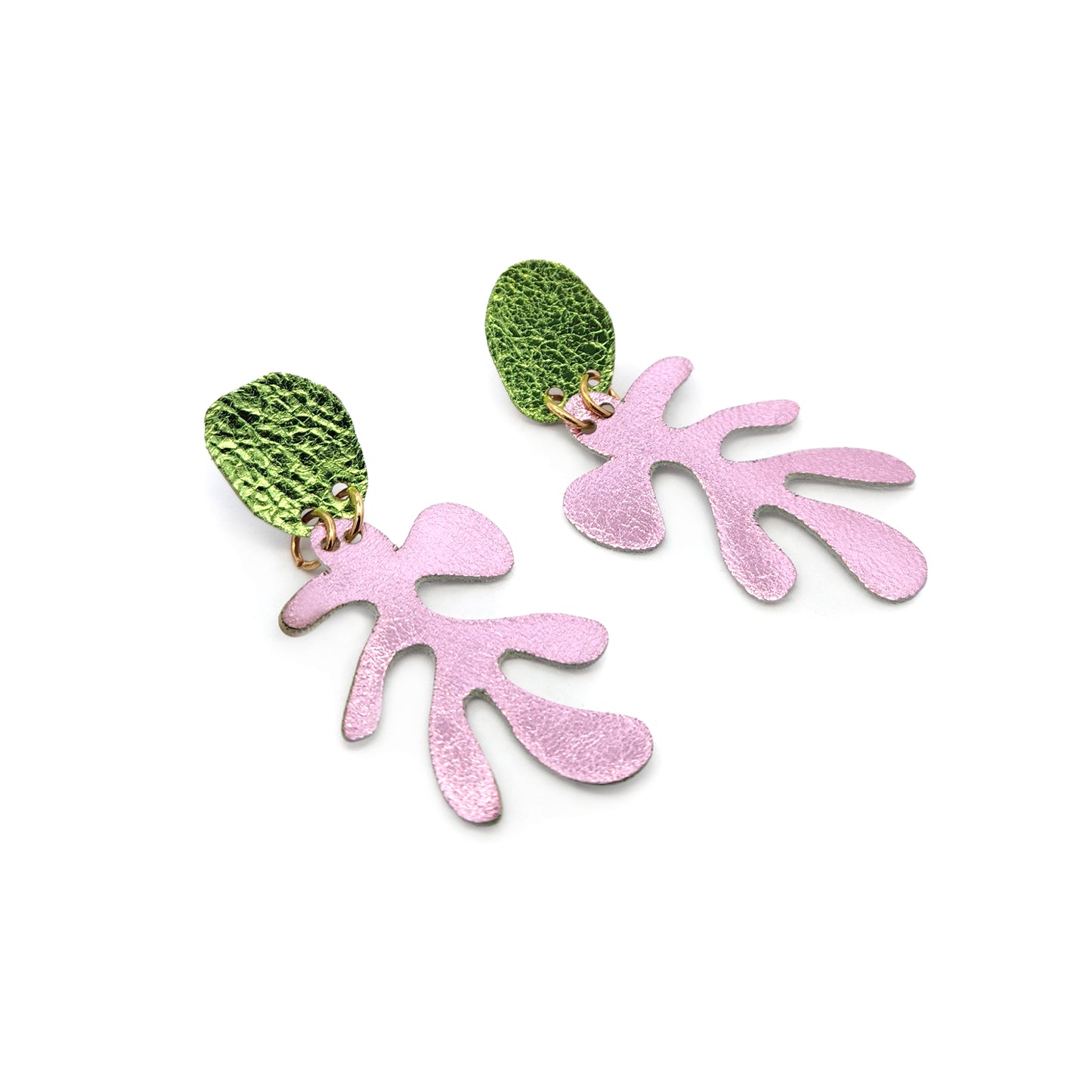 Pink & Green Leather Leafy Earrings