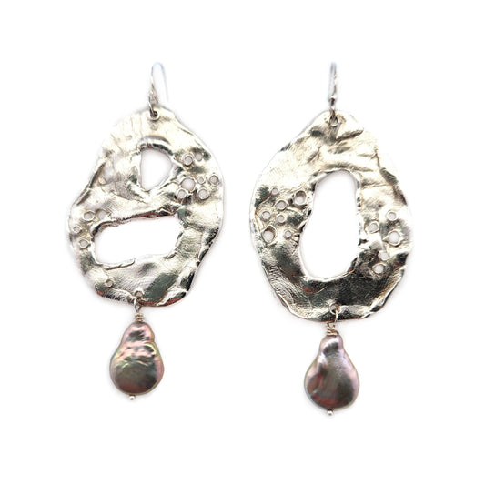 Silver Organic Earrings with Pearl Drops