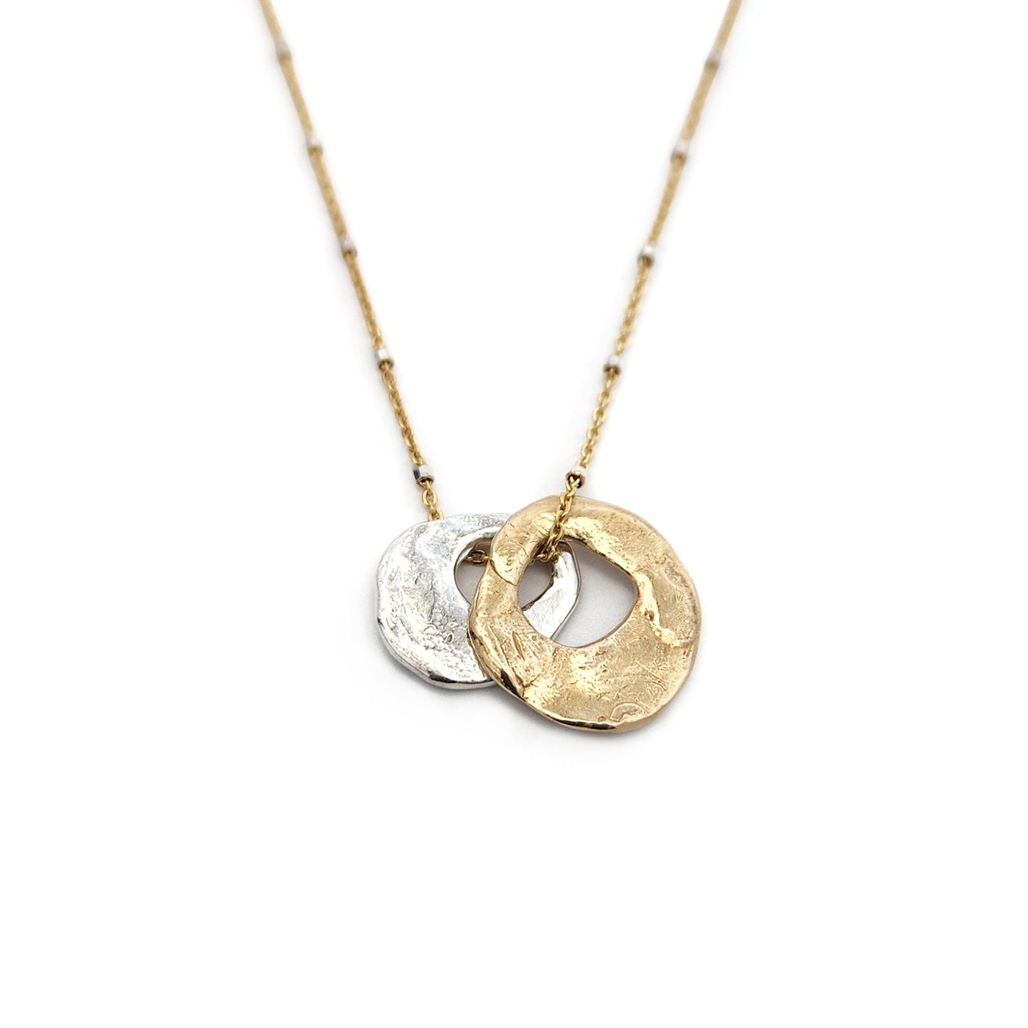 Mixed Bronze & Silver Organic Rings Necklace