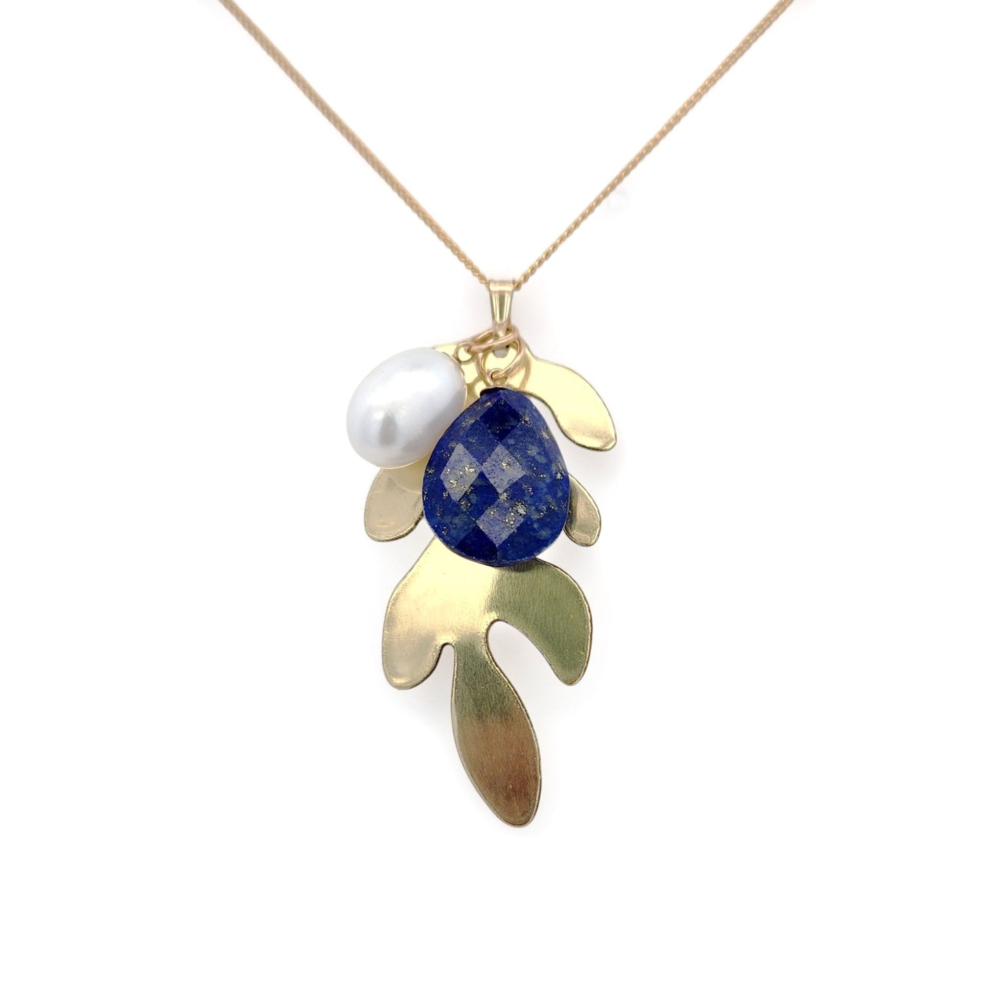 Brass Leaf & Lapis Pendant Necklace