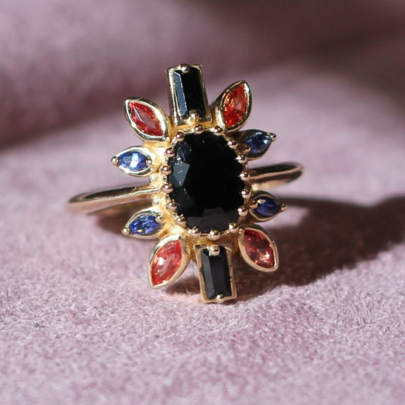 Nox - 14k Yellow Ballerina Ring with 1.4ct Dark Purple Spinel, Accent Sapphires and Spinels