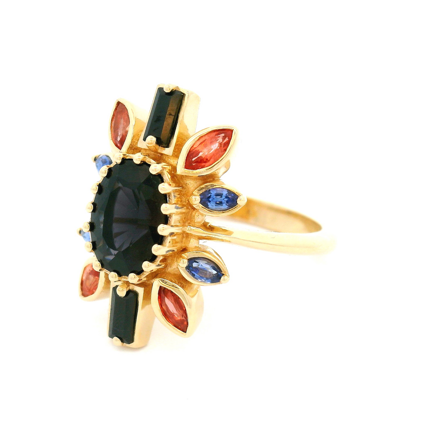 14k Yellow Ballerina Ring with 1.4ct Dark Purple Spinel, Accent Sapphires and Spinels