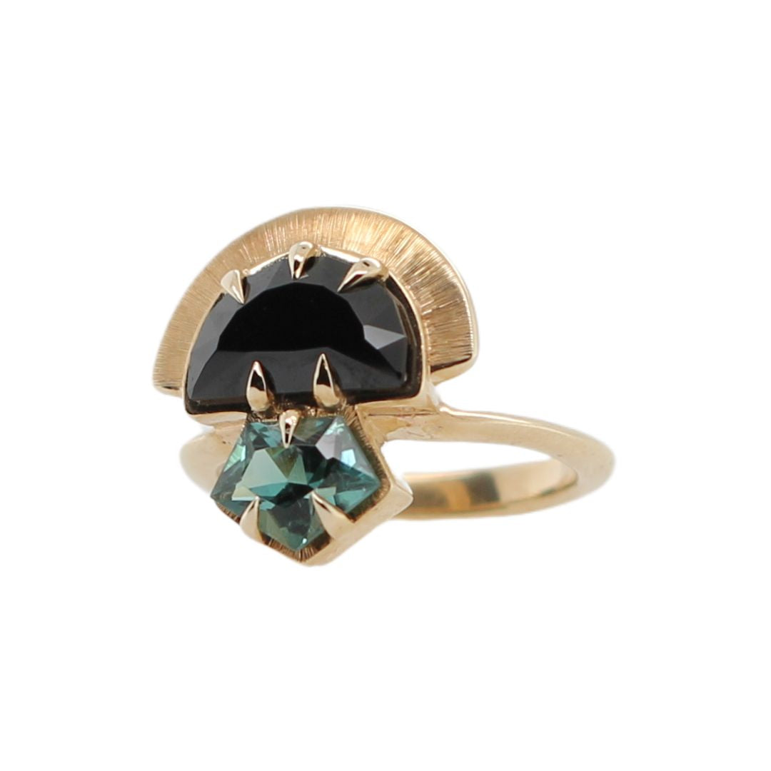 Yzma - 10k Yellow 2.52ct Black Spinel and 0.99ct Mint Tourmaline Crowned Ring