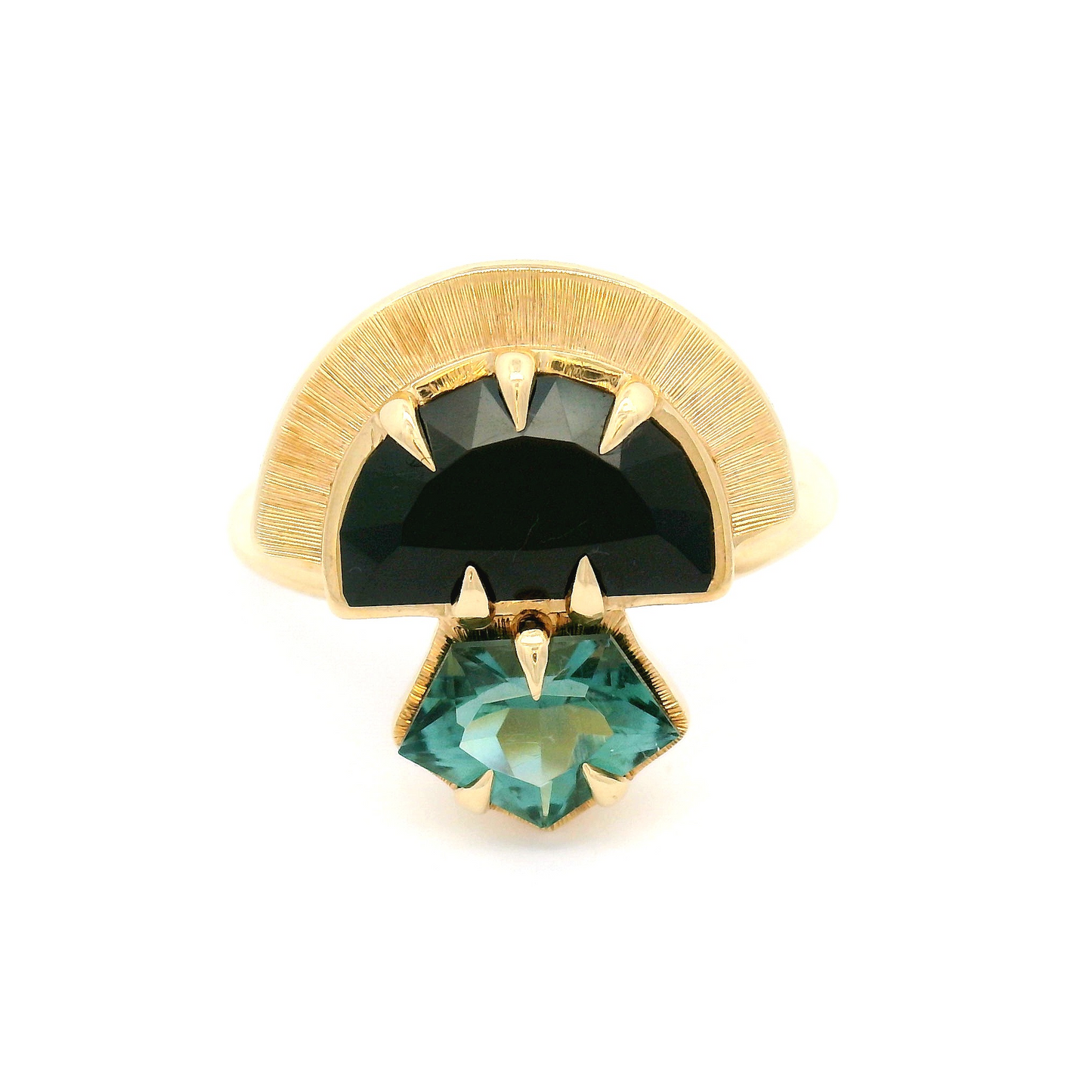 10k Yellow 2.52ct Black Spinel and 0.99ct Mint Tourmaline Crowned Ring