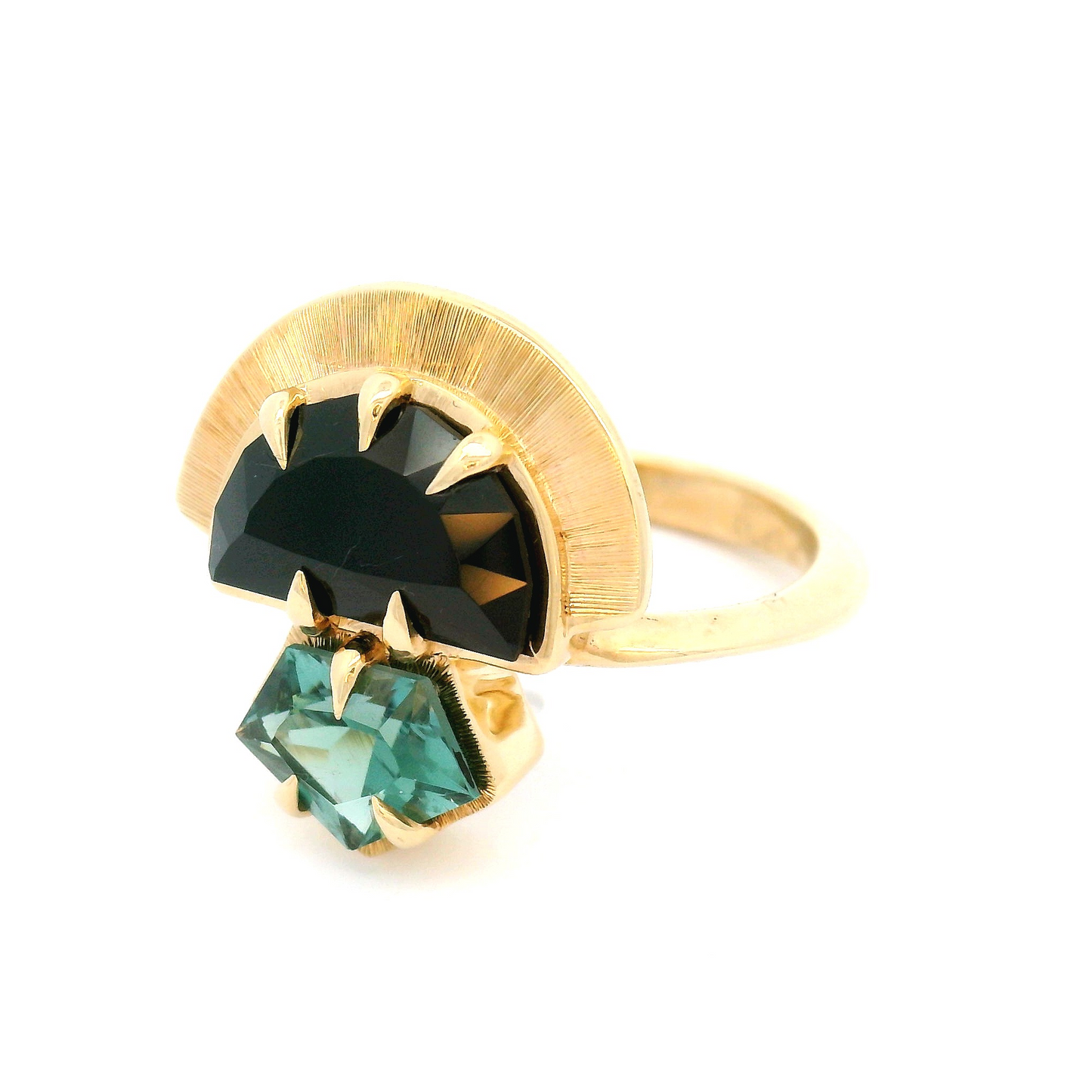10k Yellow 2.52ct Black Spinel and 0.99ct Mint Tourmaline Crowned Ring